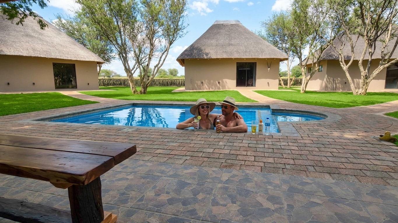 Swimming pool and lodge chalets at Vaalpenskraal camp