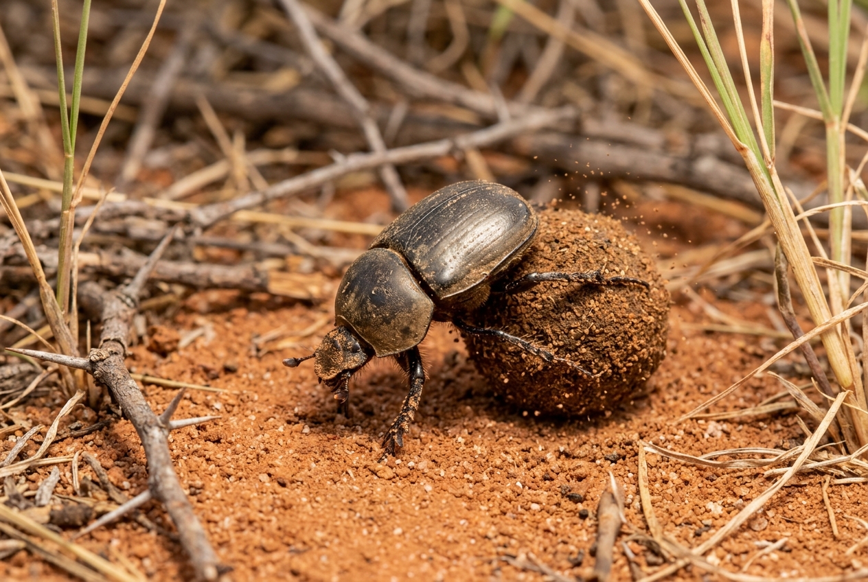 Bushveld detail: dung beetle working red sand near thorn scrub, shallow depth of field.