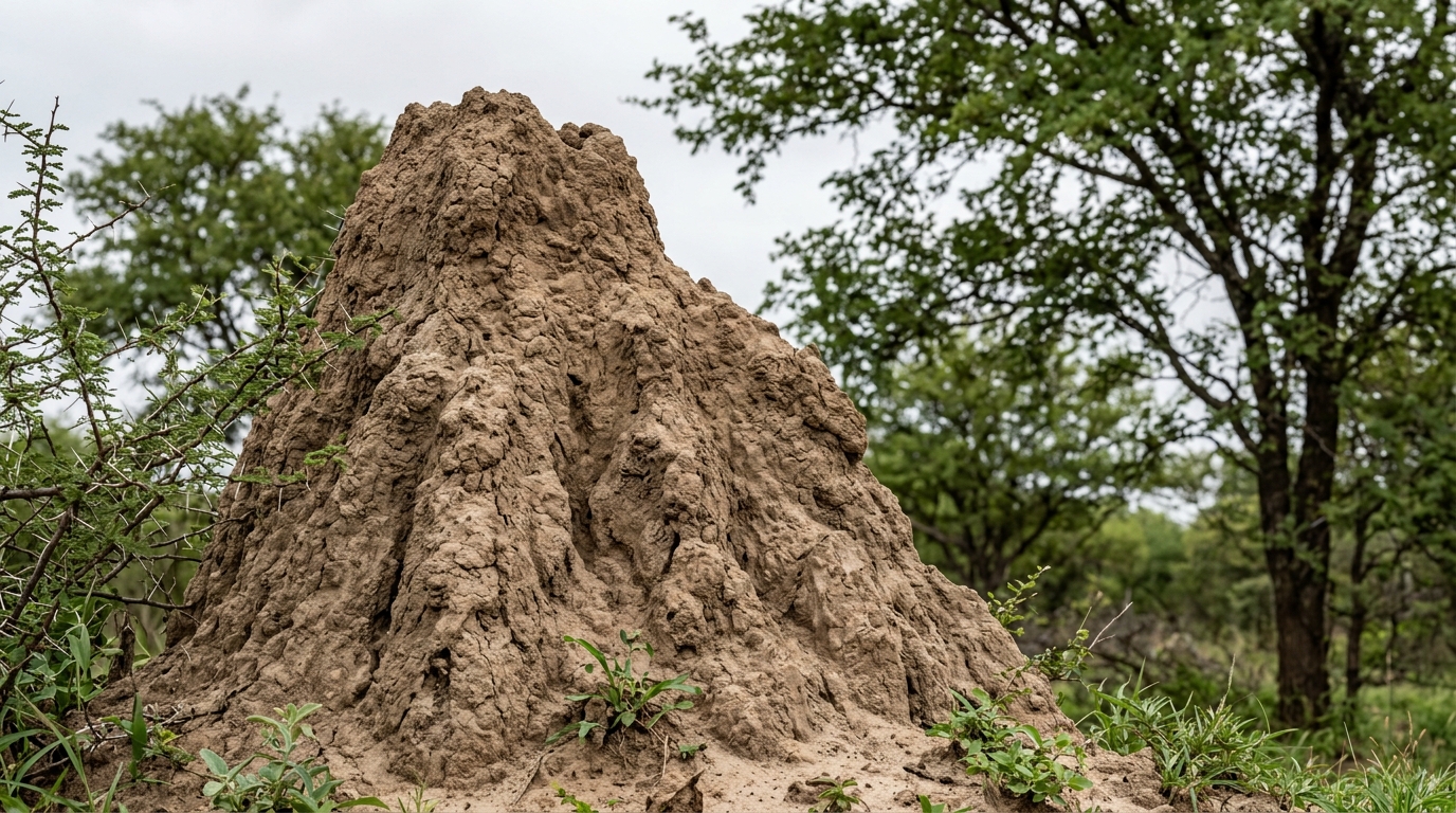 Bushveld detail: weathered termite mound with thornveld trees, honest veld architecture.