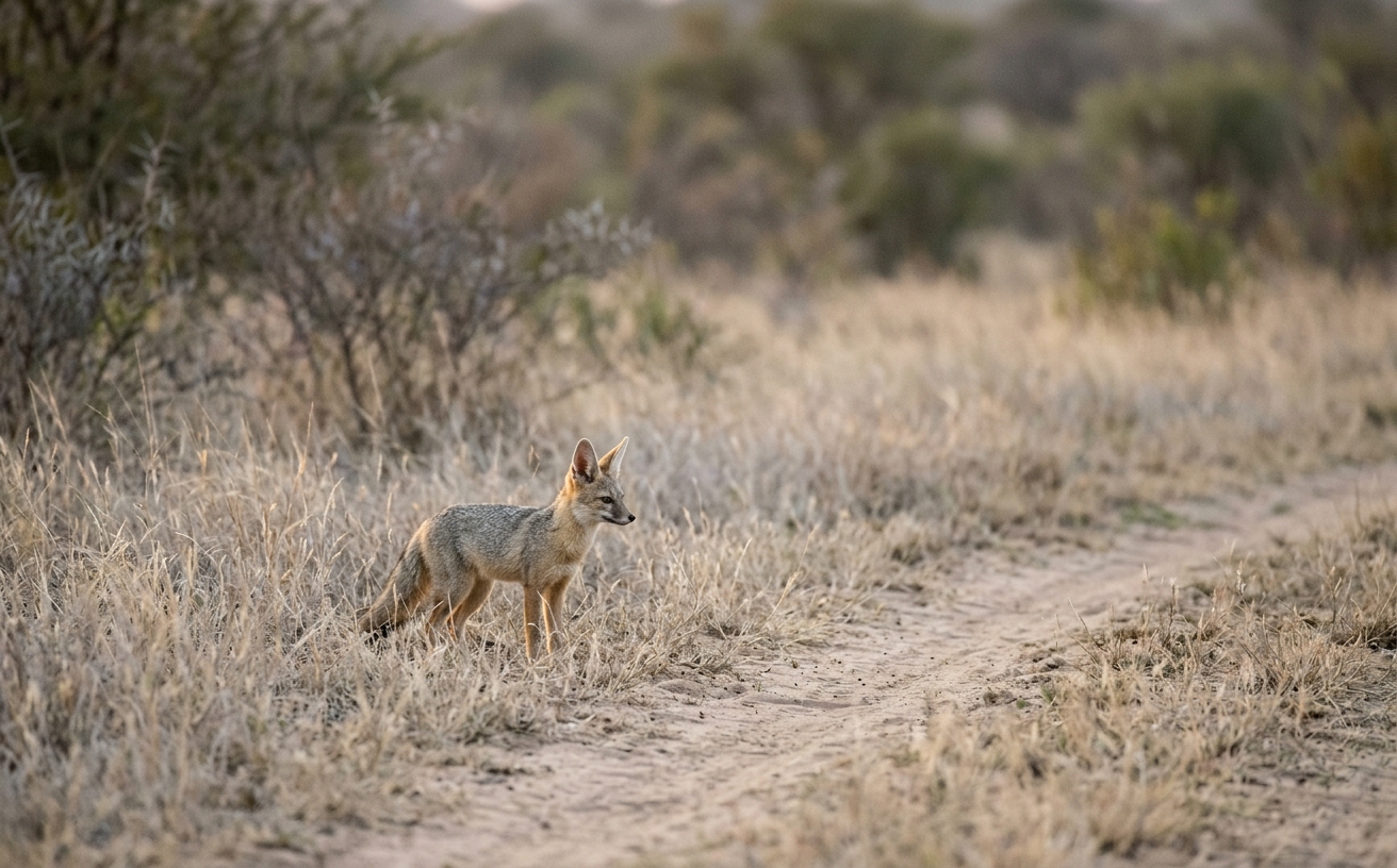 Bushveld detail: small Cape fox far out on pale grass between scrub masses, telephoto compression.