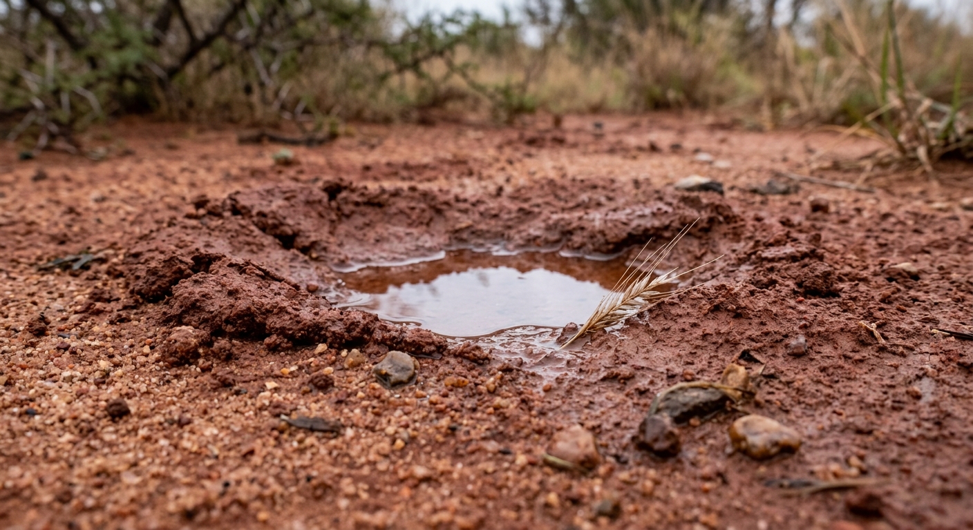 Bushveld detail: wet red iron sand and a shallow puddle after light rain, ground-level truth.