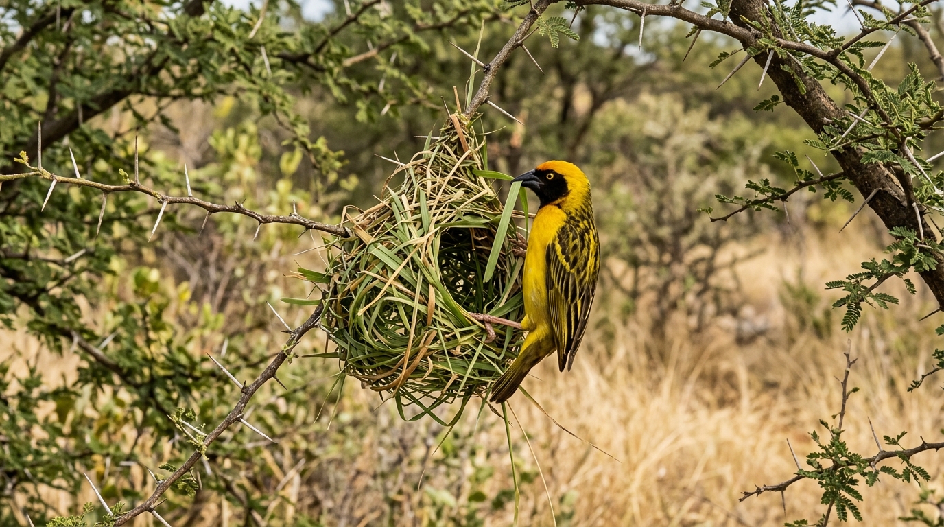 Limpopo birdlife: Southern Masked Weaver at a grass pendant nest in a thorn tree.