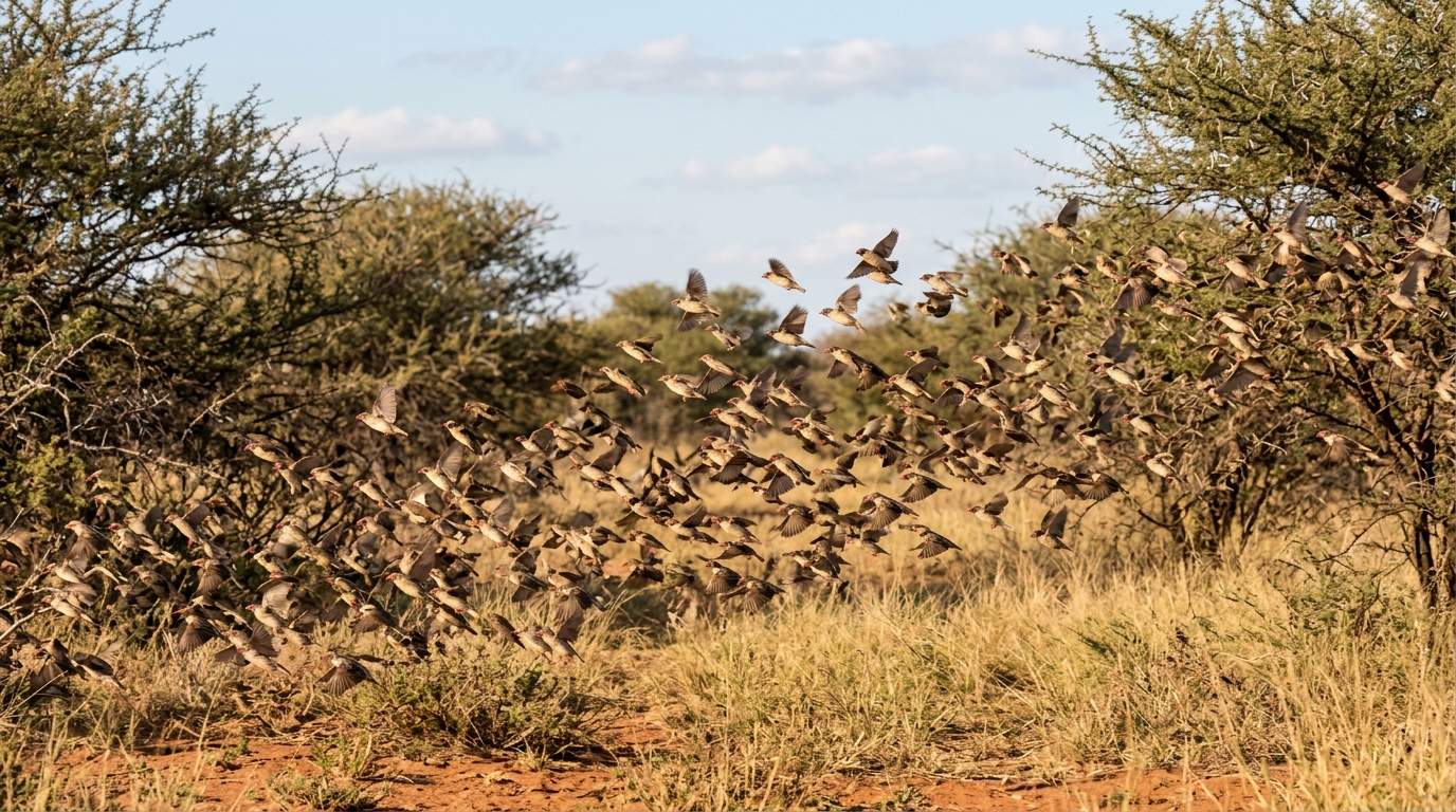 Limpopo birdlife: tight passage flock of Red-billed Quelea over an open grass gap.
