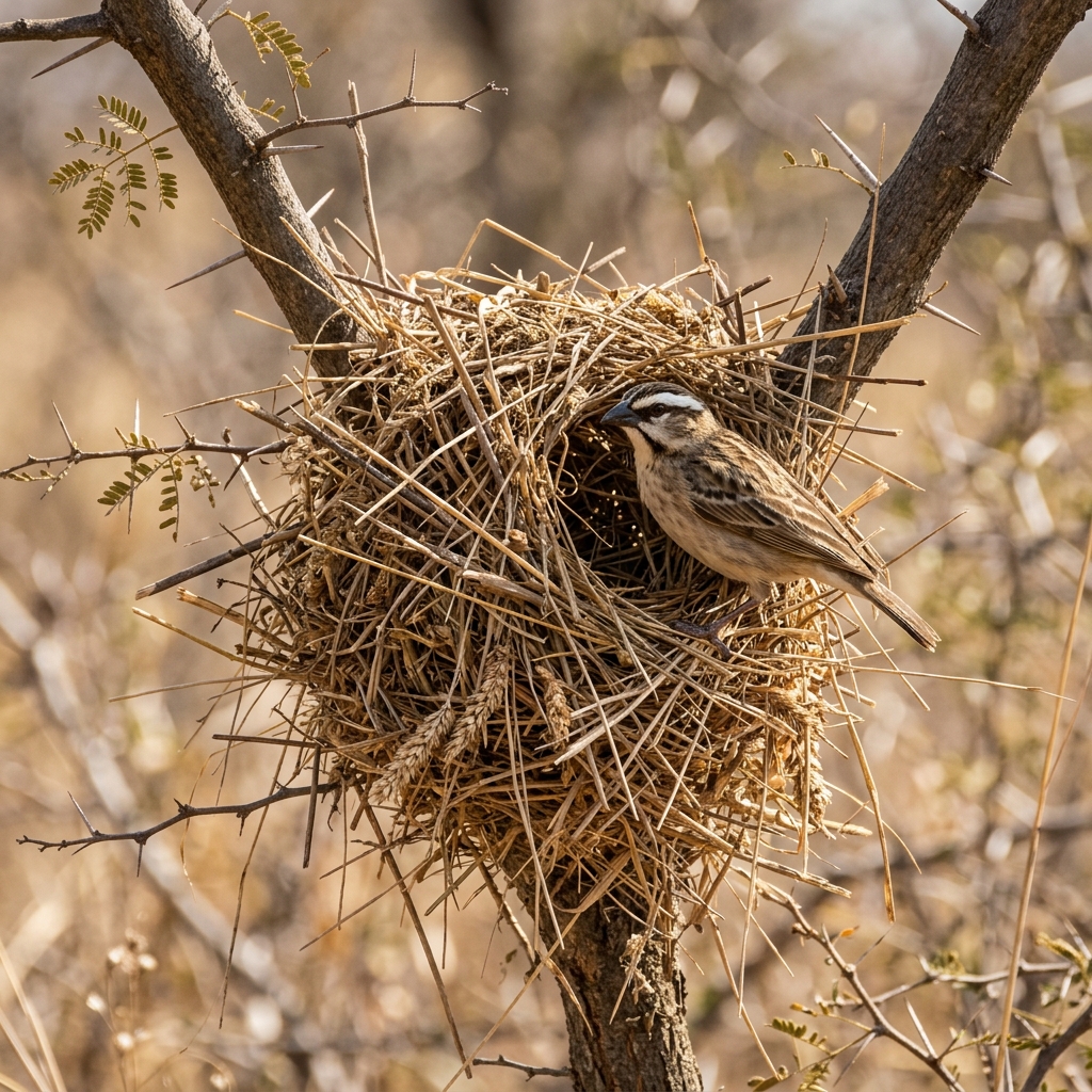 Limpopo birdlife: White-browed Sparrow-Weaver at a messy stick nest in a thorn fork.
