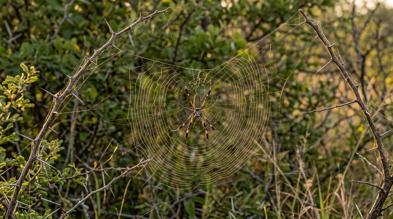 Bushveld detail: orb web between twigs with low side light on silk, spider plausible for thornveld.