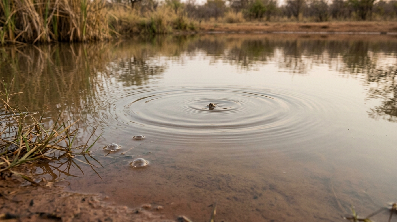 Bushveld detail: still pan surface with ripples and subtle water movement, anonymous waterhole.