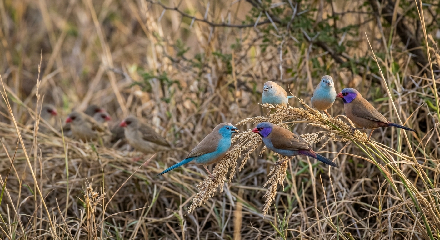 Limpopo birdlife: small finches and waxbills on grass seed heads at a scrub edge.