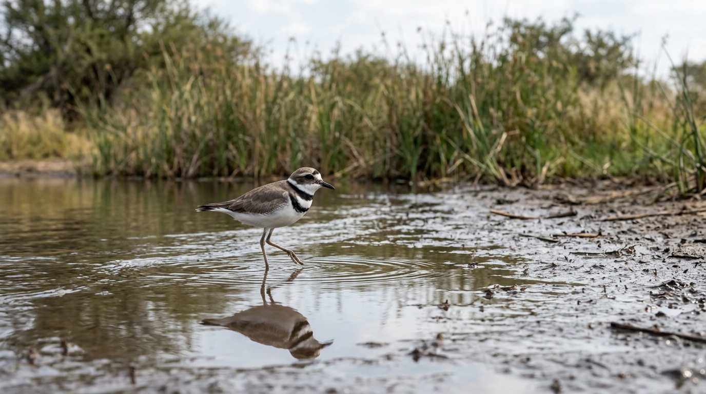 Limpopo birdlife: small plover at muddy pan edge with shallow waterline reflections.
