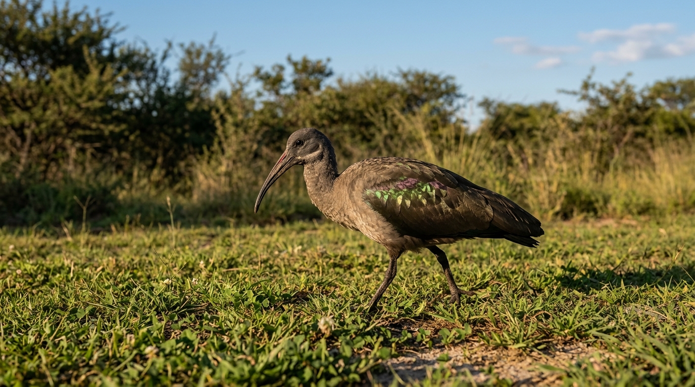 Limpopo birdlife: Hadeda ibis walking short grass or veld edge, honest bush sound made visible.
