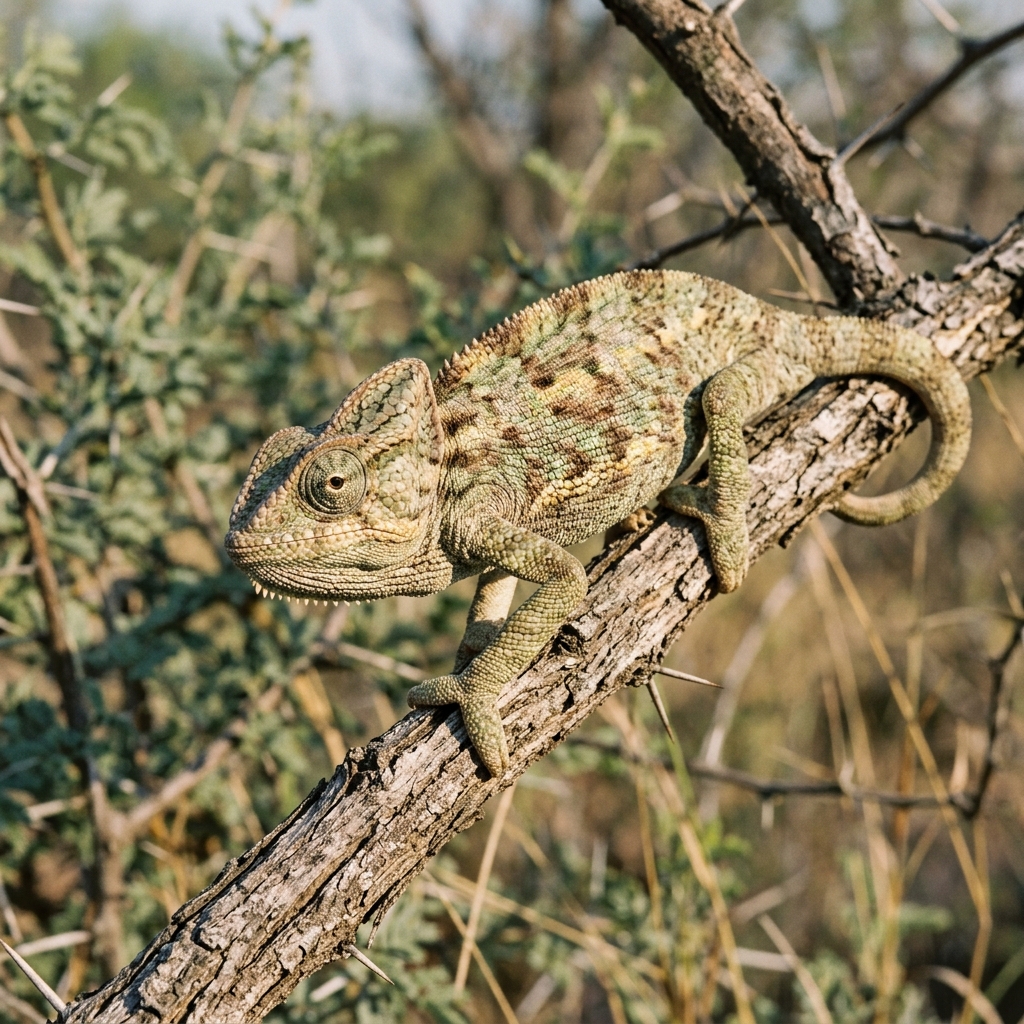 Bushveld detail: flap-necked chameleon gripping bark, dry-season colours, slow veld clock.