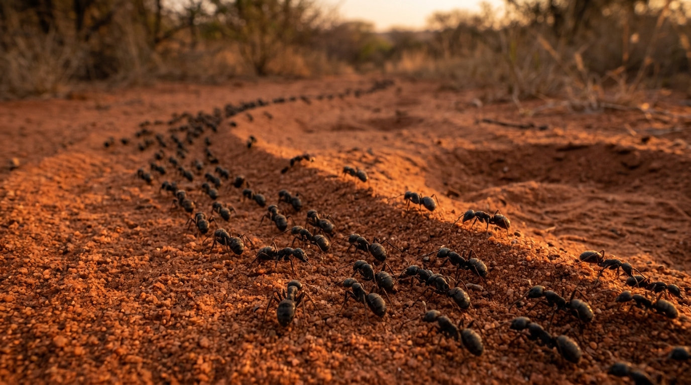 Bushveld detail: ant trail on red sand at twilight scale, believable density, no horror-stack swarm.