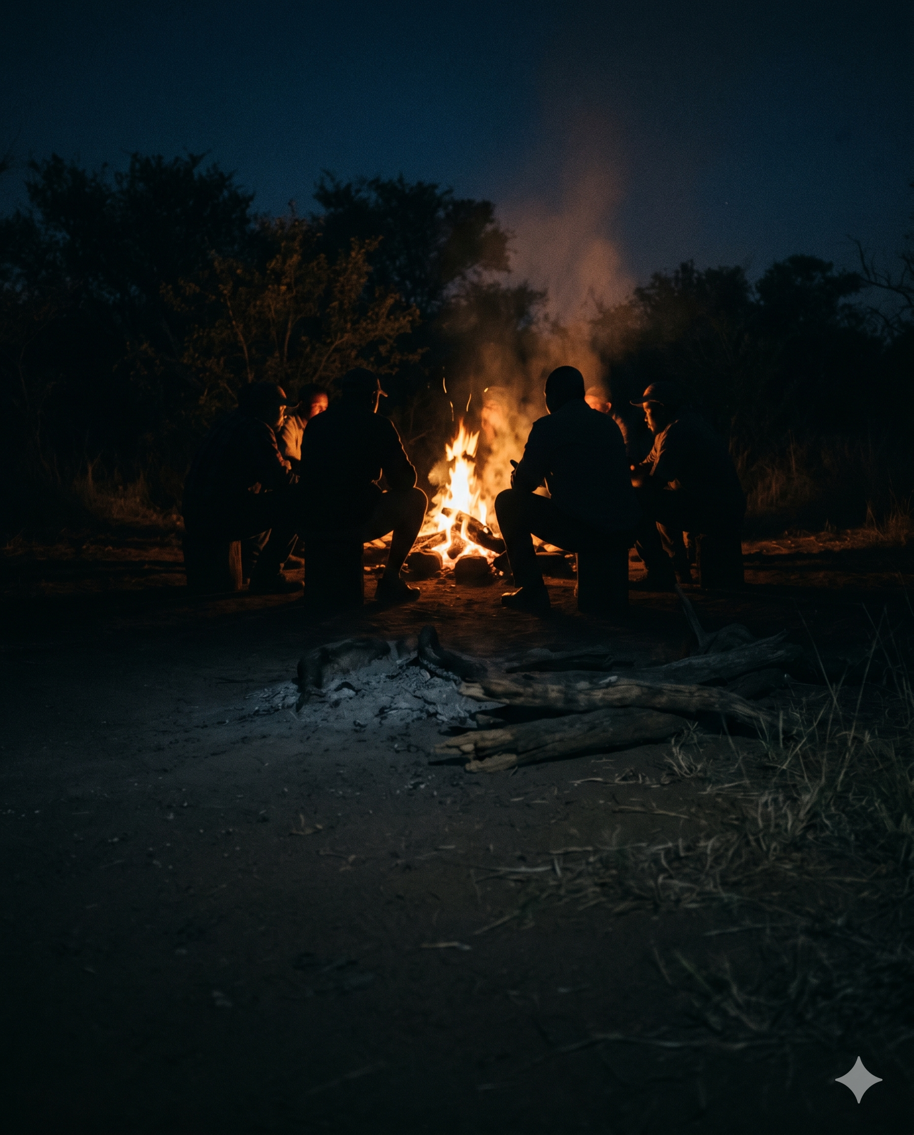 Hunters gathered at firelight for a brotherhood weekend at Vaalpenskraal