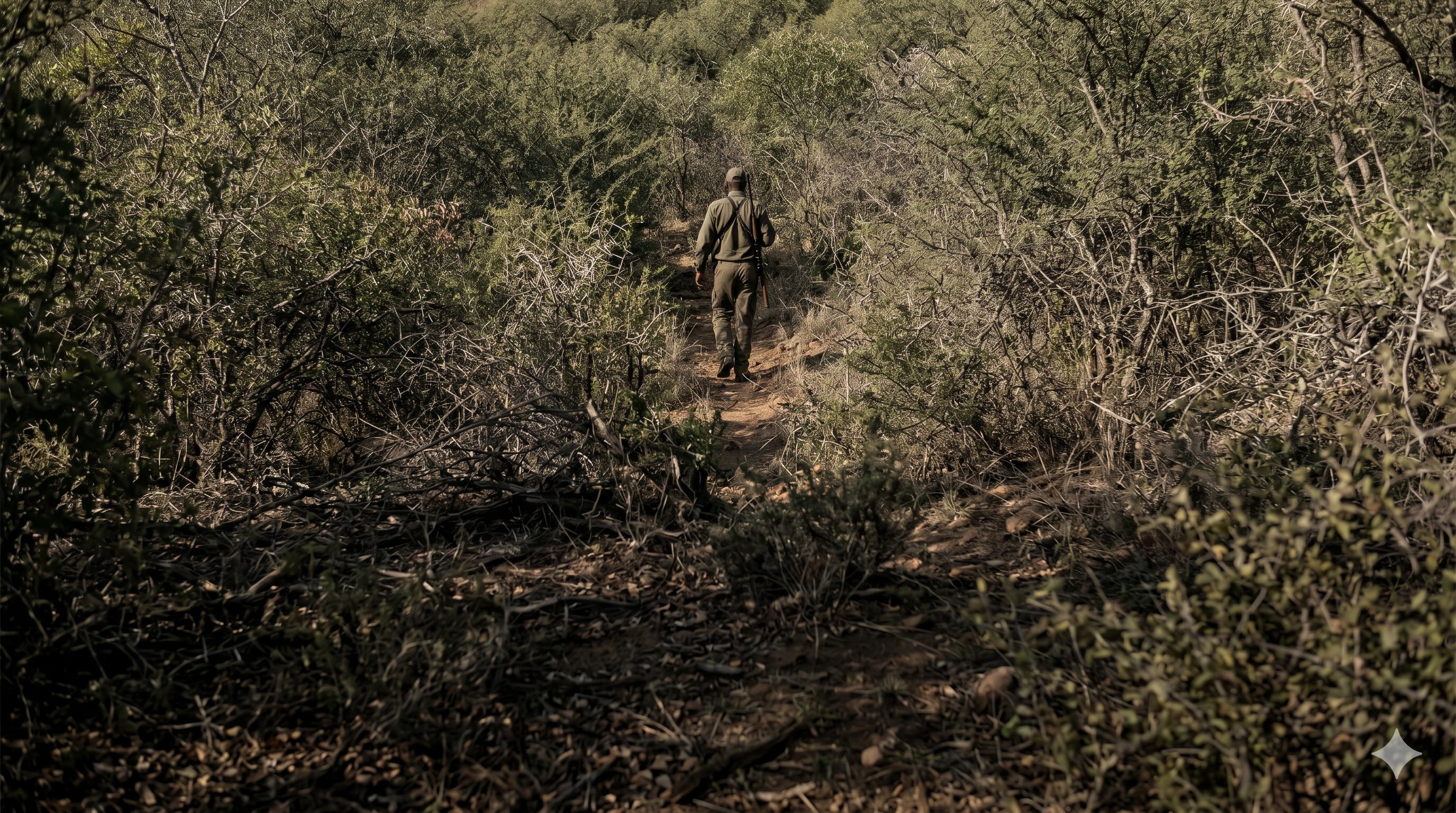 Lone hunter tracking through Vaalpenskraal bushveld at dawn