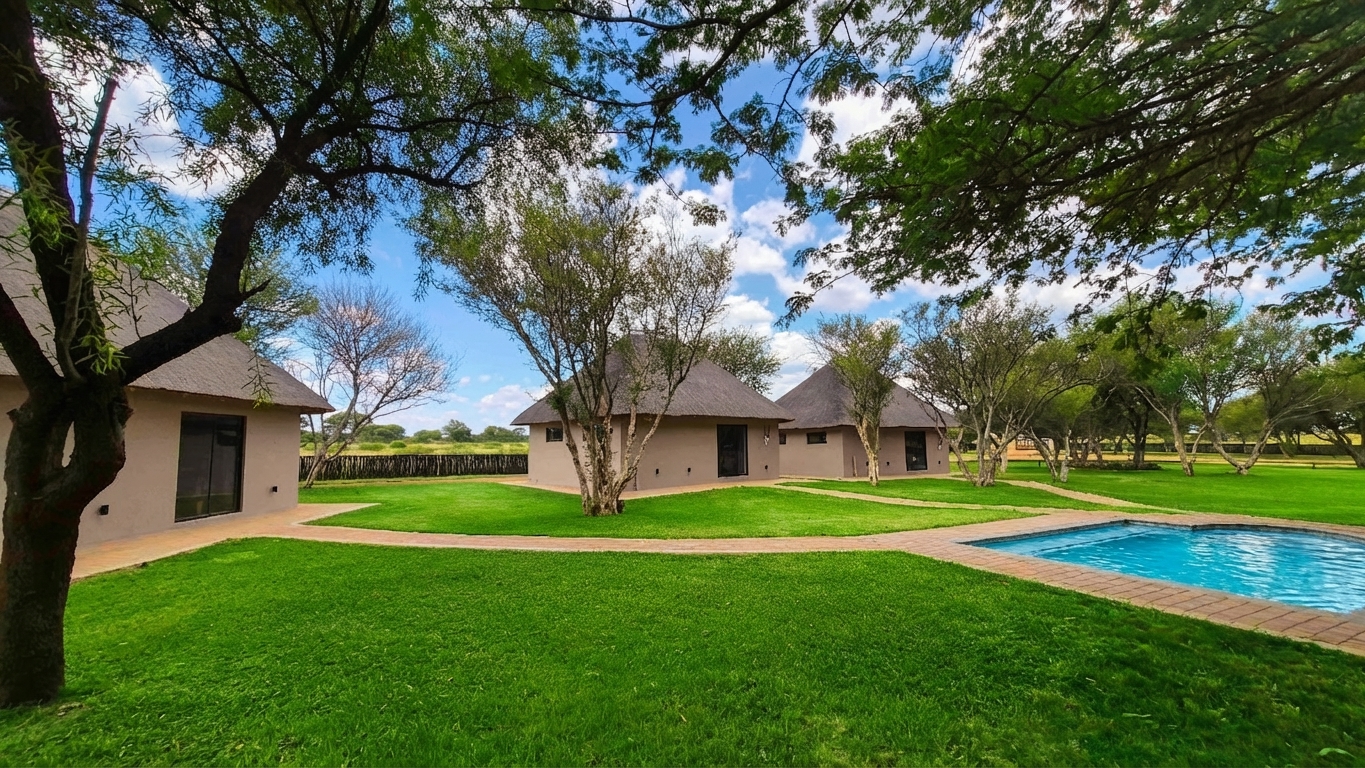 Swimming pool at Vaalpenskraal with chalets and lapa in the background