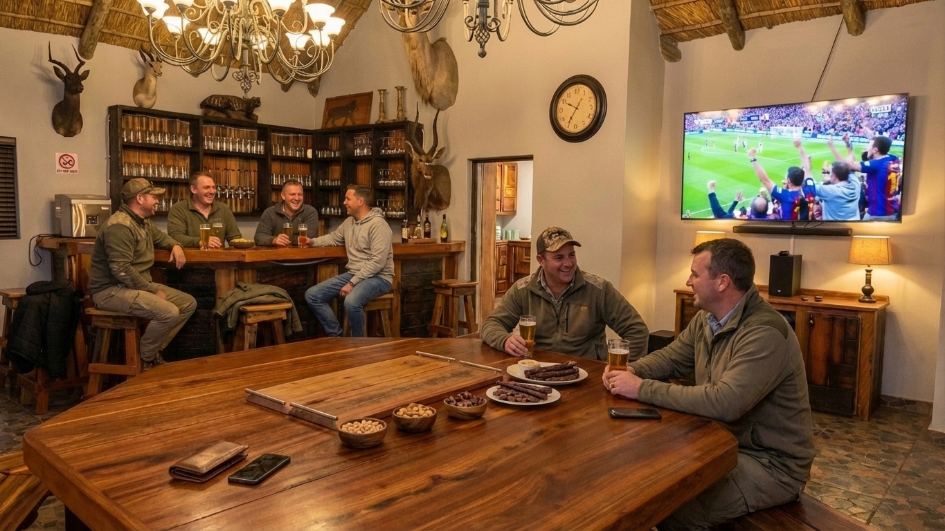 Warm light in the communal bar at camp