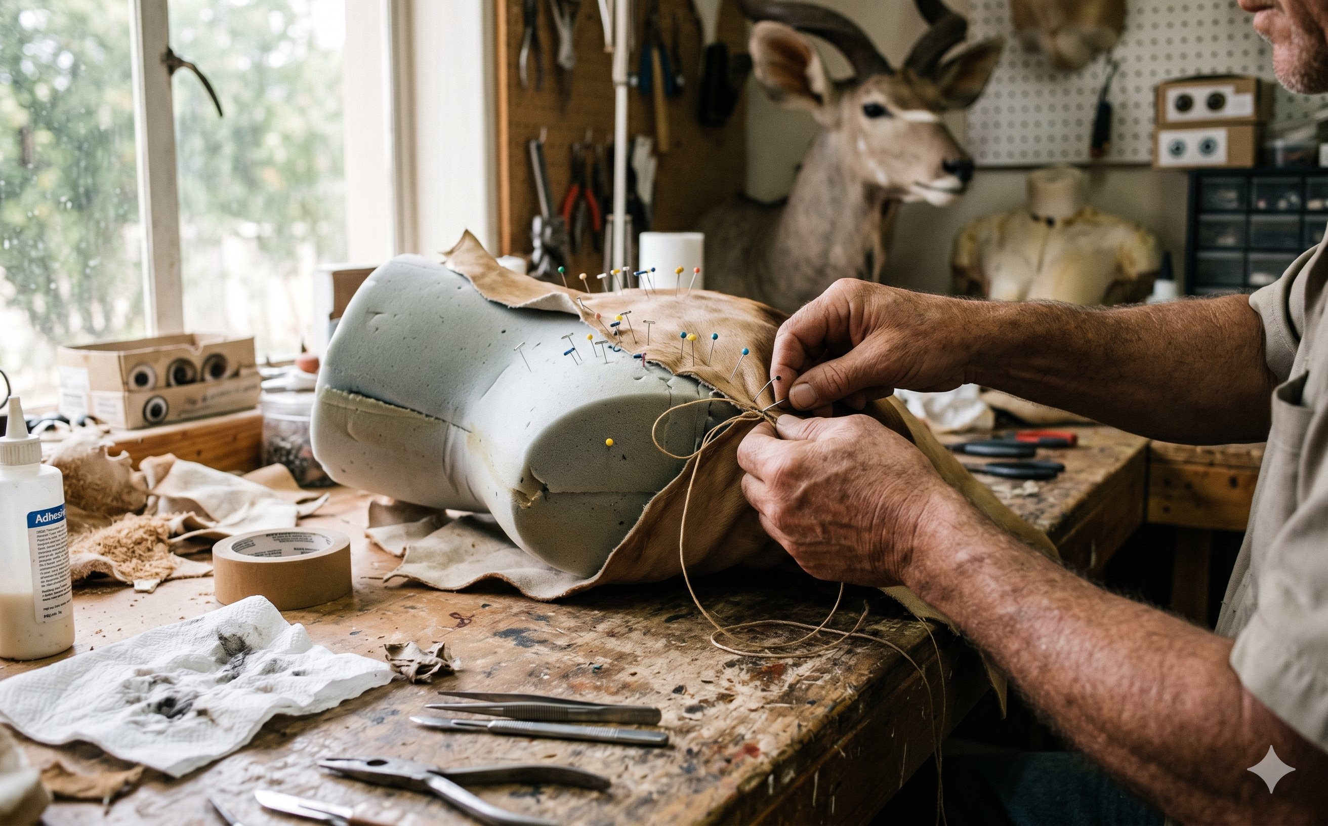 Taxidermist working on a shoulder mount in a workshop