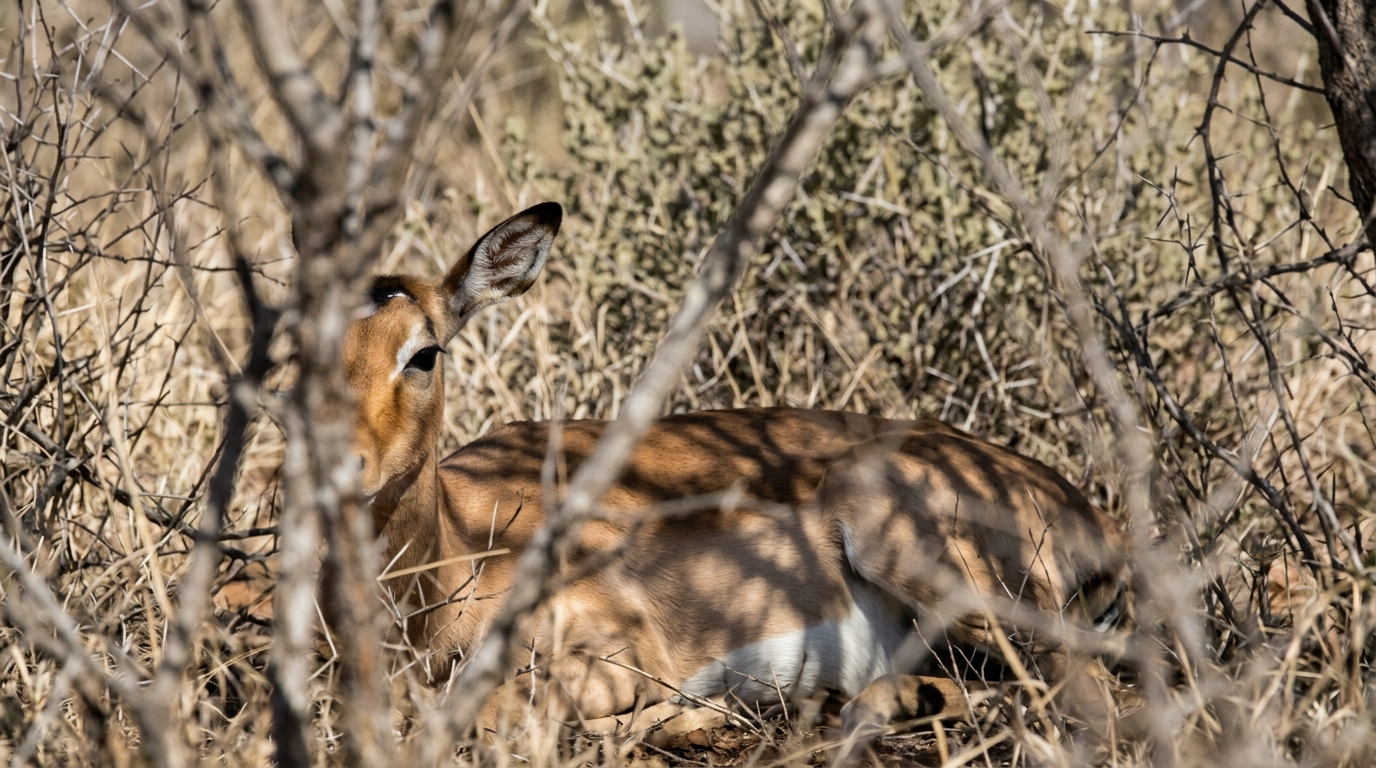 Figure: Thicket edge: impala almost lost in dappled scrub.