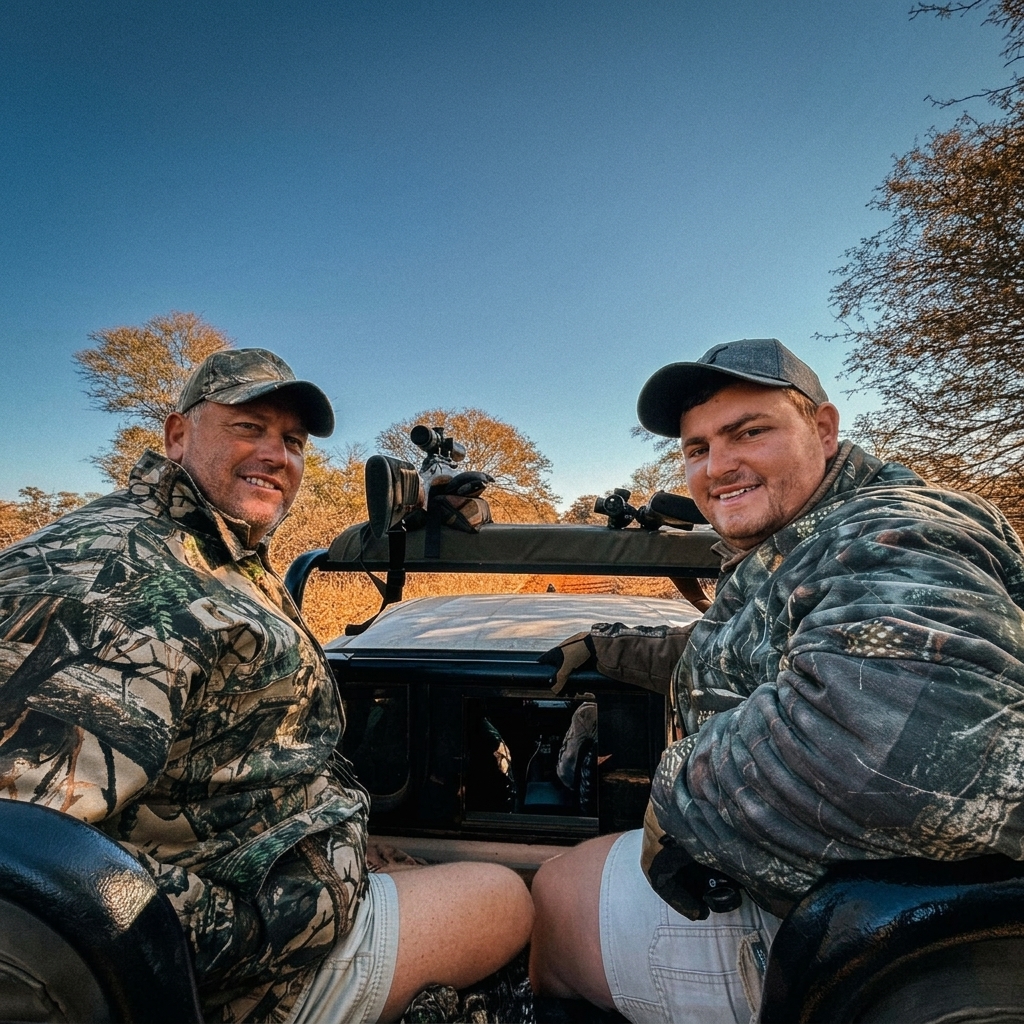 Guests and guide at a safari vehicle on the estate, scanning for game
